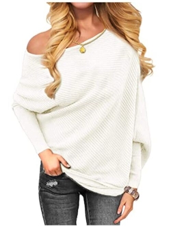 OmicGot Women's Off The Shoulder Long Sleeve Pullover Knit Jumper Baggy Solid Sweater