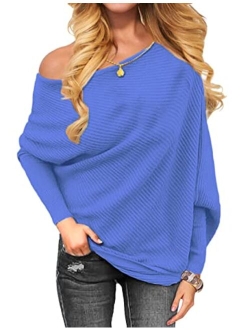 OmicGot Women's Off The Shoulder Long Sleeve Pullover Knit Jumper Baggy Solid Sweater