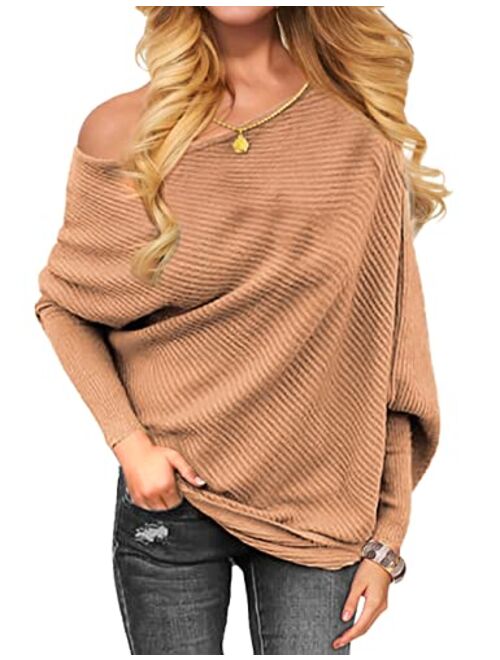 OmicGot Women's Off The Shoulder Long Sleeve Pullover Knit Jumper Baggy Solid Sweater