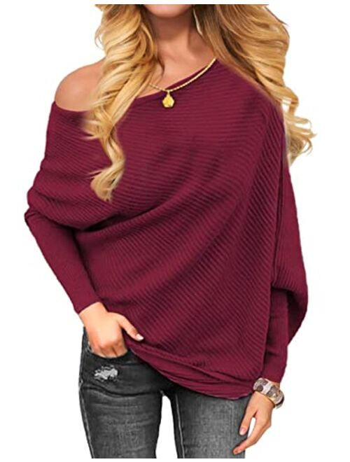 OmicGot Women's Off The Shoulder Long Sleeve Pullover Knit Jumper Baggy Solid Sweater