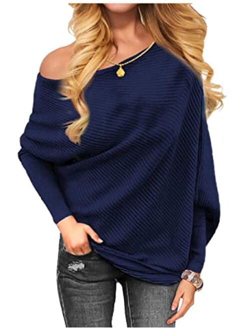 OmicGot Women's Off The Shoulder Long Sleeve Pullover Knit Jumper Baggy Solid Sweater