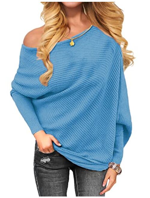 OmicGot Women's Off The Shoulder Long Sleeve Pullover Knit Jumper Baggy Solid Sweater