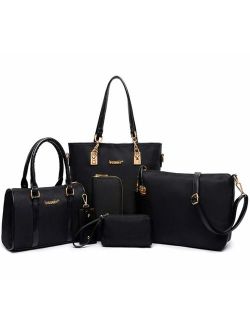 FiveloveTwo Women 6Pcs Handbag Set Nylon Top Handle Bag Totes Satchels Crossbody Shoulder Bags and Purse Clutch