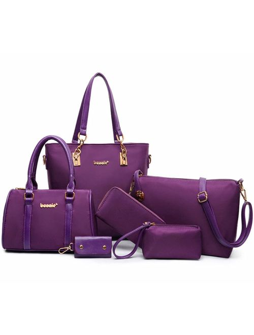 FiveloveTwo Women 6Pcs Handbag Set Nylon Top Handle Bag Totes Satchels Crossbody Shoulder Bags and Purse Clutch