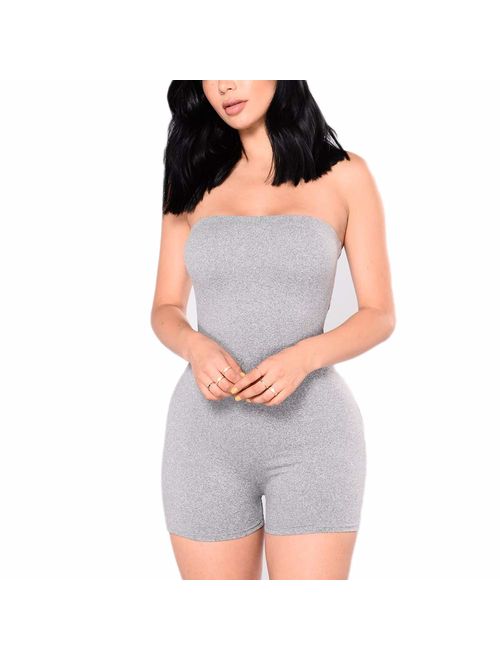 MA&BABY Womens Strapless Tube Jumpsuit Solid Color Sleeveless Bodycon Short Romper Catsuit