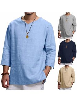 Men's Summer New Pure Cotton and Hemp Top Comfortable Fashion Blouse Top