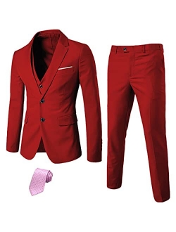 MY'S Men's 3 Piece Slim Fit Suit Set, 2 Button Blazer Jacket Vest Pants with Tie, Solid Wedding Dress Tux and Trousers