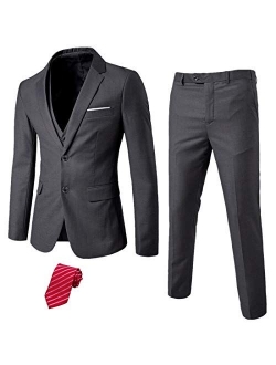 MY'S Men's 3 Piece Slim Fit Suit Set, 2 Button Blazer Jacket Vest Pants with Tie, Solid Wedding Dress Tux and Trousers