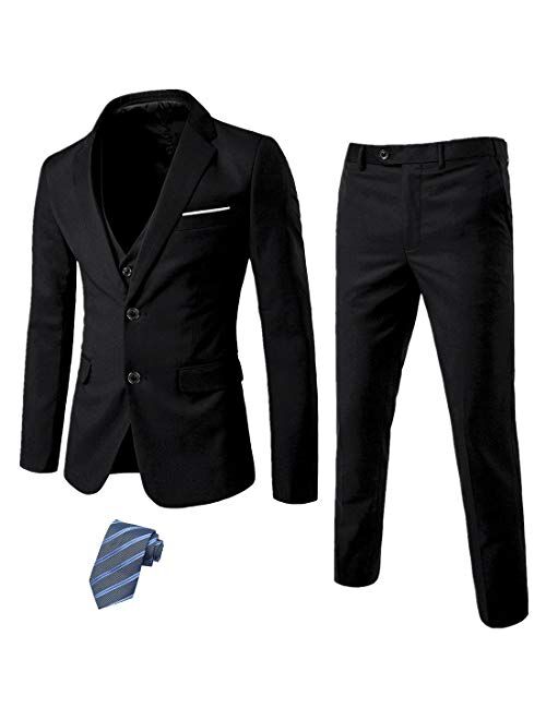 MY'S Men's 3 Piece Slim Fit Suit Set, 2 Button Blazer Jacket Vest Pants with Tie, Solid Wedding Dress Tux and Trousers