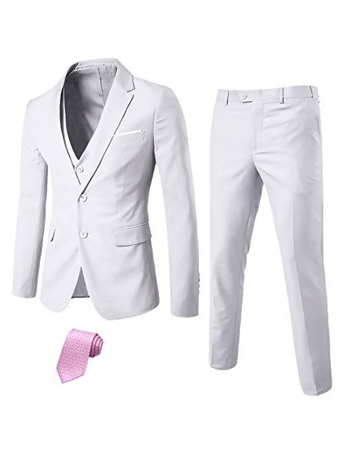 MY'S Men's 3 Piece Slim Fit Suit Set, 2 Button Blazer Jacket Vest Pants with Tie, Solid Wedding Dress Tux and Trousers