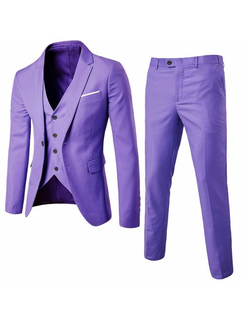 MY'S Men's 3 Piece Slim Fit Suit, One Button Jacket Blazer Vest Pants Set and Tie