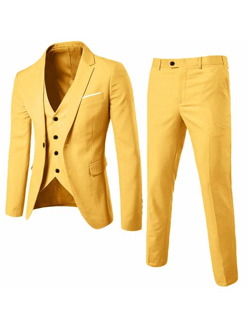 MY'S Men's 3 Piece Slim Fit Suit, One Button Jacket Blazer Vest Pants Set and Tie