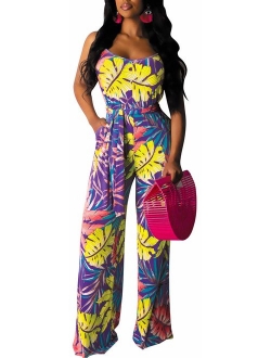 Women's Sexy Spaghetti Strap Rompers Bodycon Scoop Neck Sleeveless Ruffles Floral Jumpsuits with Pockets Belt