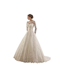 DingDingMail Women's Jewel Lace Applique Long Sleeve Chapel Wedding Dress