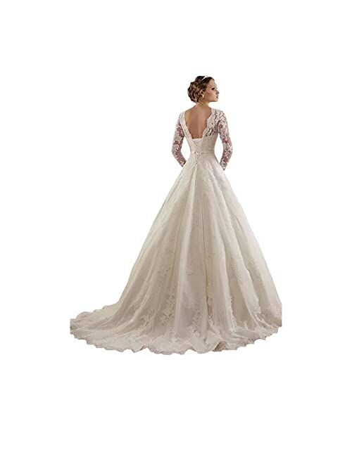 DingDingMail Women's Jewel Lace Applique Long Sleeve Chapel Wedding Dress