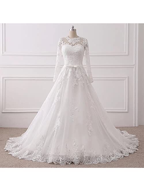 DingDingMail Women's Jewel Lace Applique Long Sleeve Chapel Wedding Dress