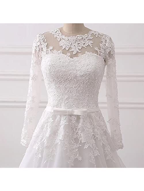 DingDingMail Women's Jewel Lace Applique Long Sleeve Chapel Wedding Dress