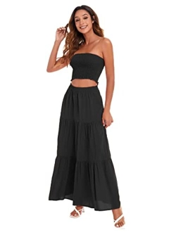 Women's Summer 2 Piece Outfit Polka Dot Crop Top with Long Skirt Set with Pockets