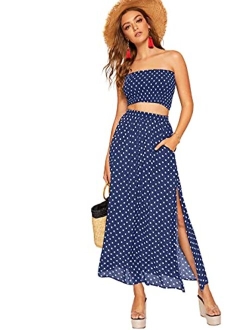 Women's Summer 2 Piece Outfit Polka Dot Crop Top with Long Skirt Set with Pockets