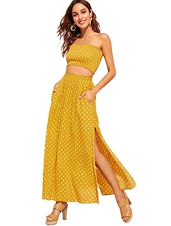 Women's Summer 2 Piece Outfit Polka Dot Crop Top with Long Skirt Set with Pockets