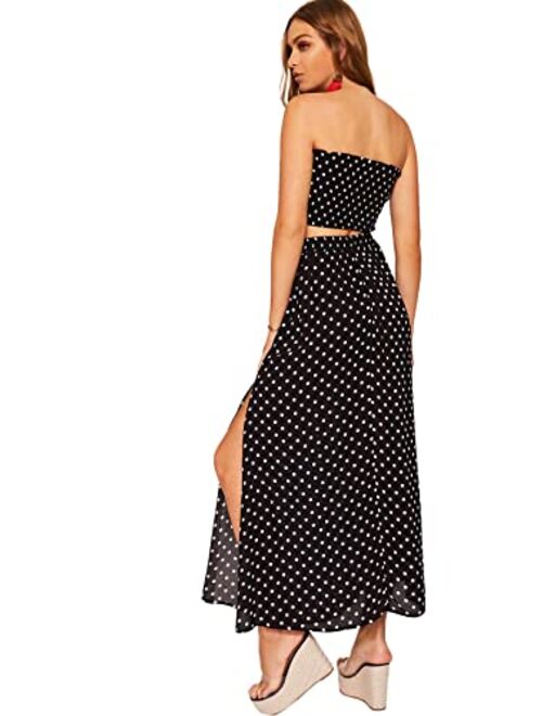Floerns Women's Summer 2 Piece Outfit Polka Dot Crop Top with Long Skirt Set with Pockets