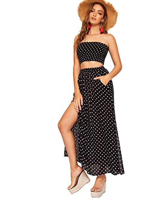 Floerns Women's Summer 2 Piece Outfit Polka Dot Crop Top with Long Skirt Set with Pockets