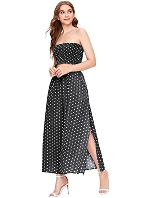 Floerns Women's Summer 2 Piece Outfit Polka Dot Crop Top with Long Skirt Set with Pockets