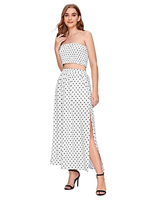 Floerns Women's Summer 2 Piece Outfit Polka Dot Crop Top with Long Skirt Set with Pockets