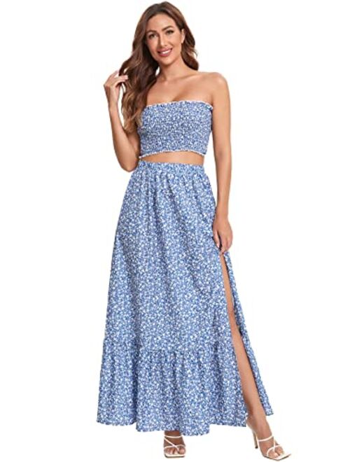 Floerns Women's Summer 2 Piece Outfit Polka Dot Crop Top with Long Skirt Set with Pockets