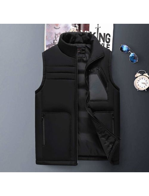 Allywit Padded Cotton Vest Mens Winter Hooded Solid Coat Sleeveless Jacket Thick Warm Plus Size