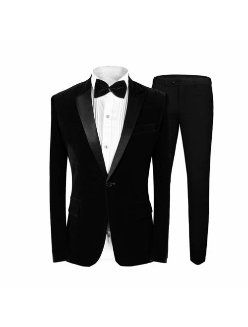 MAGE MALE Men's 2 Piece Suit Peaked Lapel One Button Tuxedo Slim Fit Velvet Blazer Party Dinner Jacket & Pants