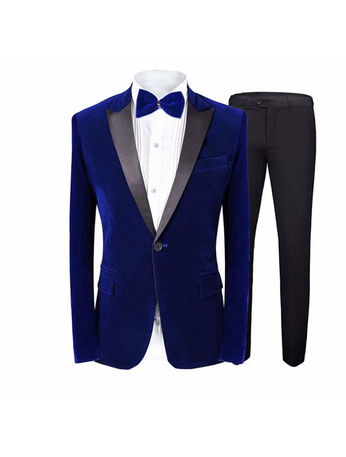 MAGE MALE Men's 2 Piece Suit Peaked Lapel One Button Tuxedo Slim Fit Velvet Blazer Party Dinner Jacket & Pants