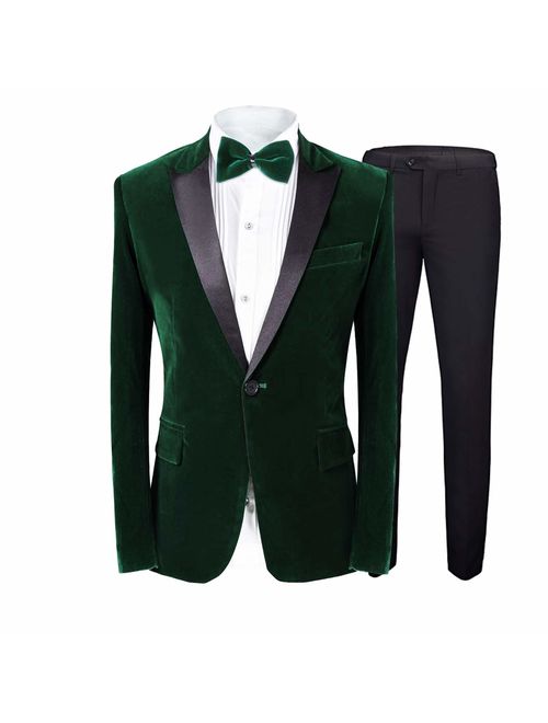 MAGE MALE Men's 2 Piece Suit Peaked Lapel One Button Tuxedo Slim Fit Velvet Blazer Party Dinner Jacket & Pants