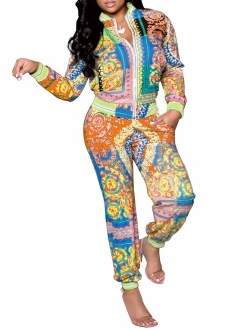 YouSexy 2 Piece Outfits for Women Pants Tracksuit Sets Floral Print Long Sleeve Jumpsuits