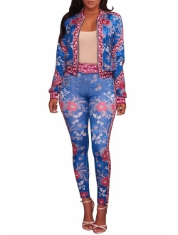 YouSexy 2 Piece Outfits for Women Pants Tracksuit Sets Floral Print Long Sleeve Jumpsuits