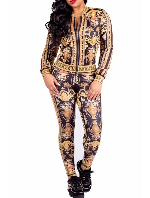 YouSexy 2 Piece Outfits for Women Pants Tracksuit Sets Floral Print Long Sleeve Jumpsuits