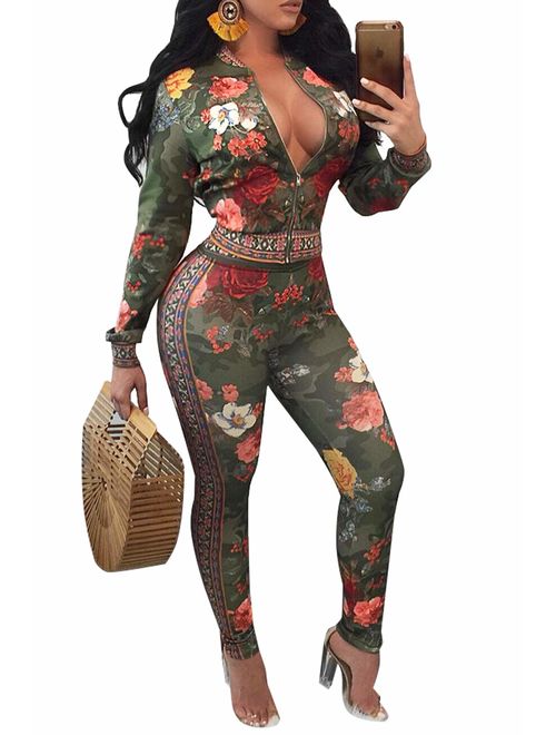 YouSexy 2 Piece Outfits for Women Pants Tracksuit Sets Floral Print Long Sleeve Jumpsuits