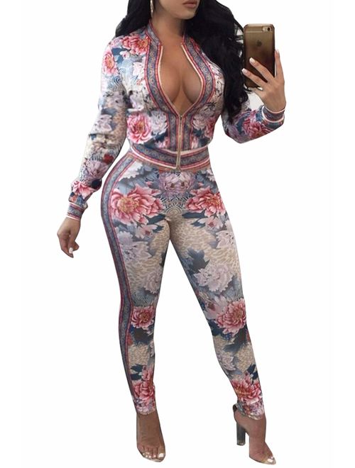 YouSexy 2 Piece Outfits for Women Pants Tracksuit Sets Floral Print Long Sleeve Jumpsuits