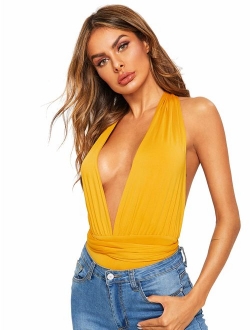 Women's Sleeveless Sexy Deep V Neck Cross Back Bodysuit