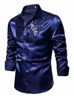 Mens Fashion Button Down Shirts - Long Sleeve Sequins Tops Casual Slim Fit Shirt