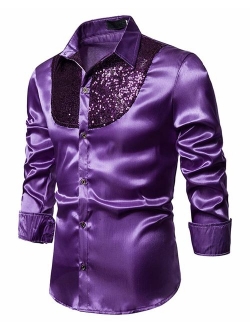 Mens Fashion Button Down Shirts - Long Sleeve Sequins Tops Casual Slim Fit Shirt