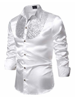 Mens Fashion Button Down Shirts - Long Sleeve Sequins Tops Casual Slim Fit Shirt