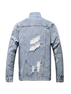 LZLER Jean Jacket for Men, Classic Ripped Slim Denim Jacket with Holes