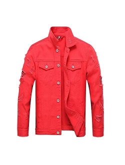 LZLER Jean Jacket for Men, Classic Ripped Slim Denim Jacket with Holes