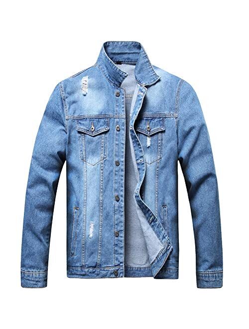 LZLER Jean Jacket for Men, Classic Ripped Slim Denim Jacket with Holes