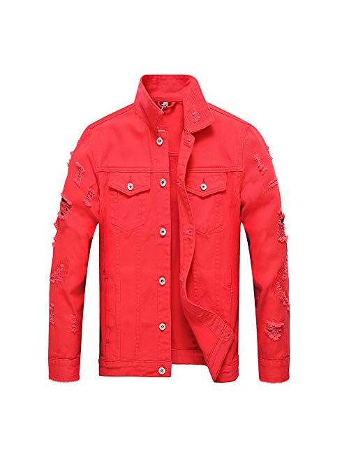 LZLER Jean Jacket for Men, Classic Ripped Slim Denim Jacket with Holes