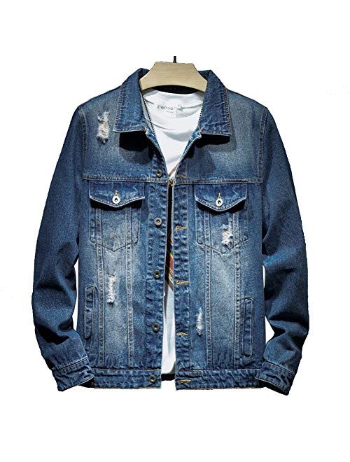 LZLER Jean Jacket for Men, Classic Ripped Slim Denim Jacket with Holes