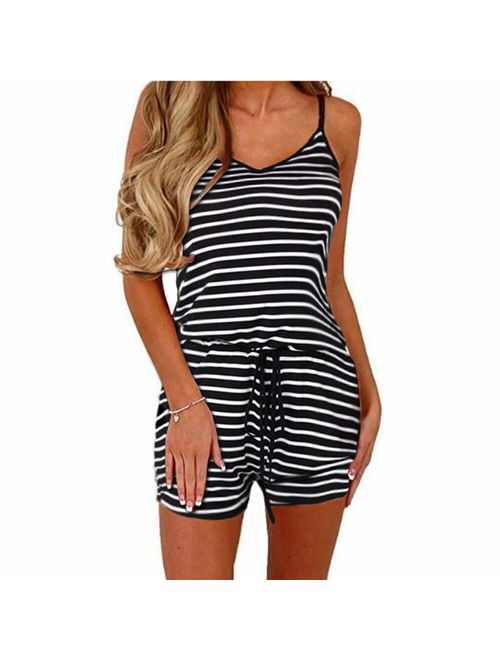 Dreamskull Women Summer Casual Spaghetti Strap Adjustable Waist Drawstring Short Jumpsuit Cami Romper for Girl