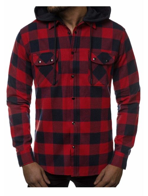 Men's Plaid Flannel Button Down Shirt Long Sleeve Slim Casual Tops Jacket with Removable Hood