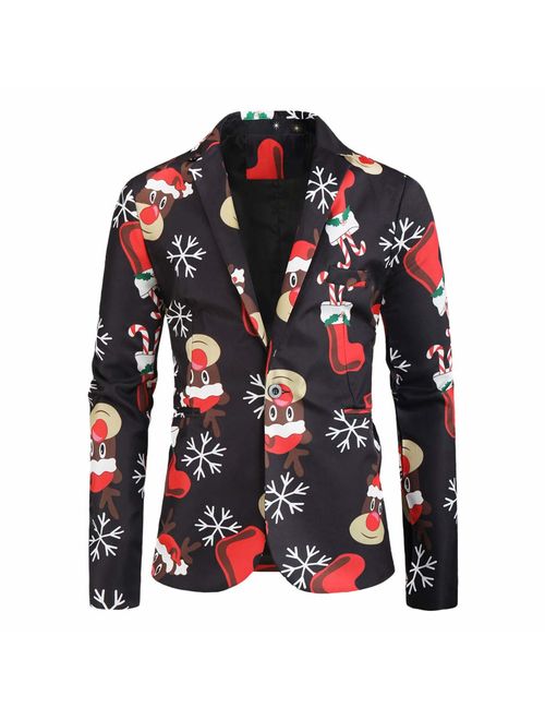 LUCAMORE Men's Suit Christmas Snowmen Candy Printed Blazer Casual Outwear Coat Slim Fit Sport Coat Separate Jacket